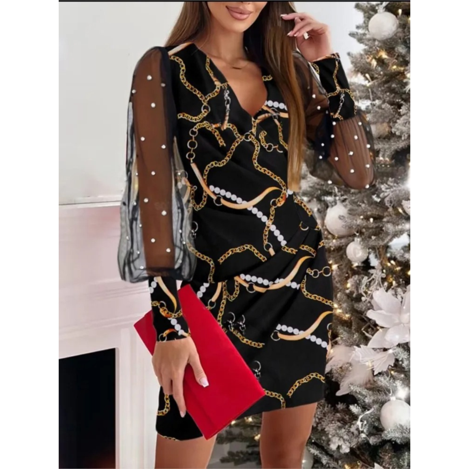 Elegant Women's Cocktail Dress with Sheer Sleeves