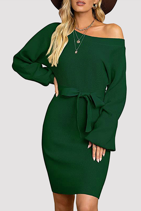 Women's Ribbed Knit Sweater Dress with Belt
