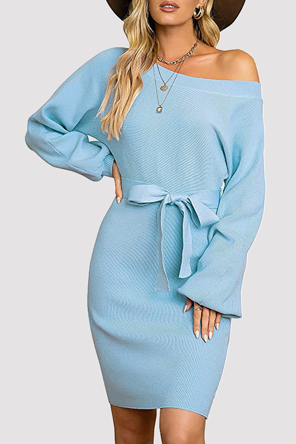 Women's Ribbed Knit Sweater Dress with Belt