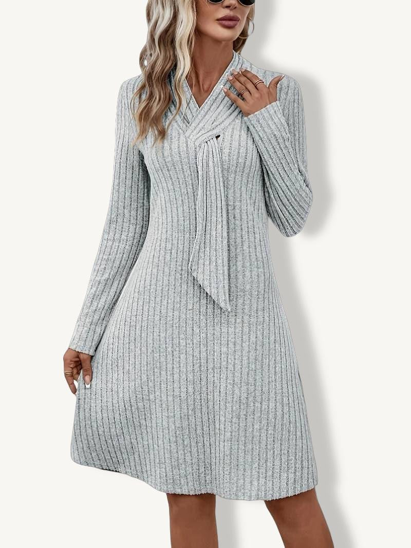 Elegant Women's Ribbed Knit Dress with Scarf