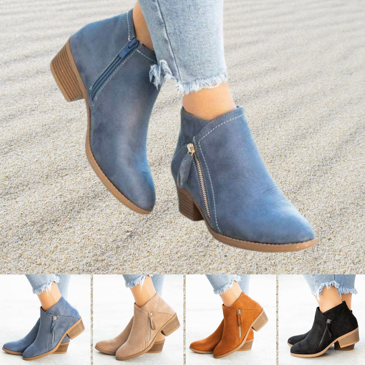 Women's ankle boots with double zipper and chunky low heel