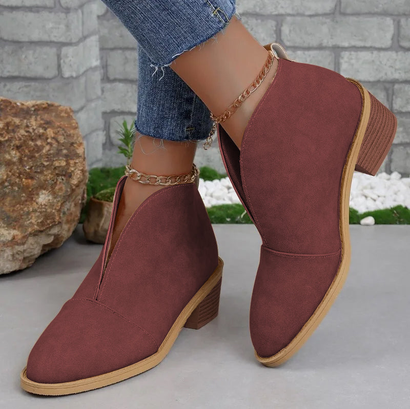 Women's Ankle Boots - Almond Toe - Chunky Stacked Heel - Slip-On Casual Wear