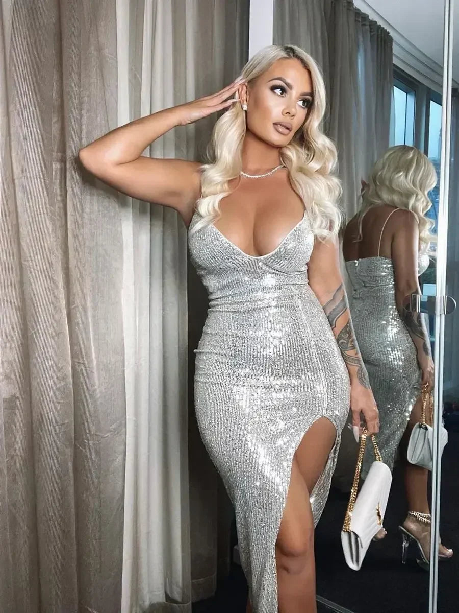 Sequined Bodycon Cocktail Dress with Deep V-Neck