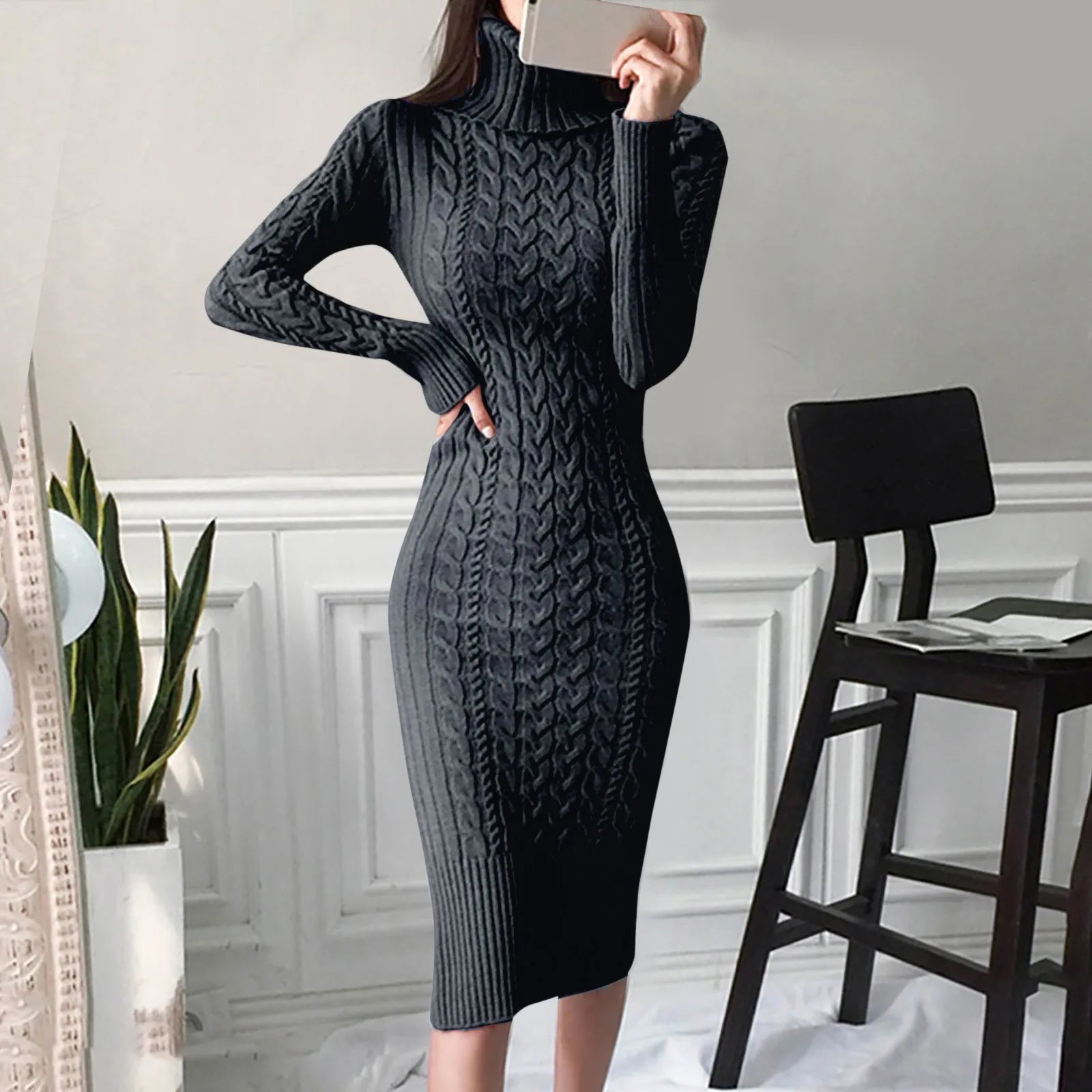 Women's Winter Turtleneck Cable Knit Dress