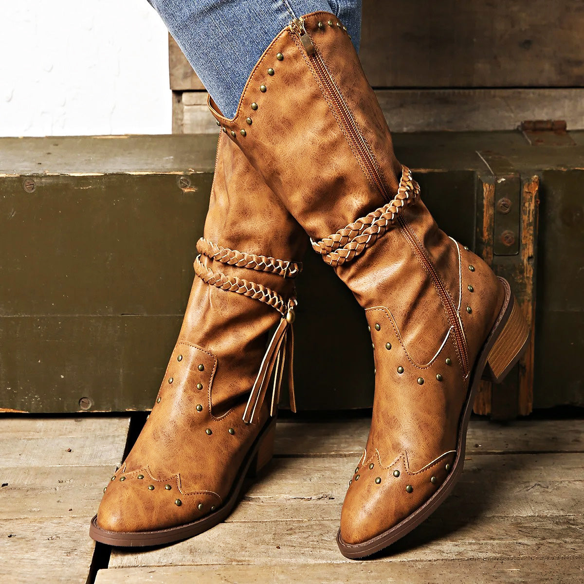 Women’s Western Boots - Faux Leather - Studded - Braided Strap - Pointed Toe