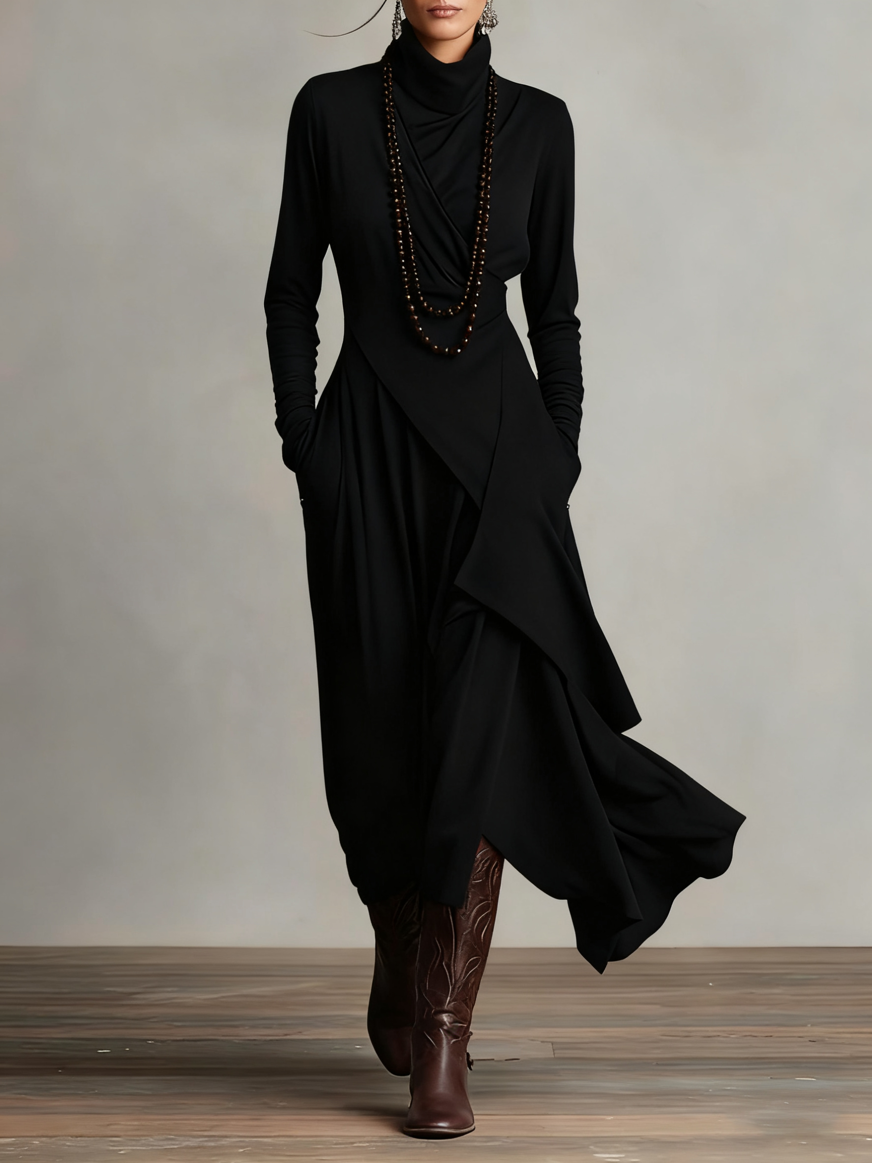 Hayden Zara™ | High-neck Asymmetrical Pleated Maxi Dress