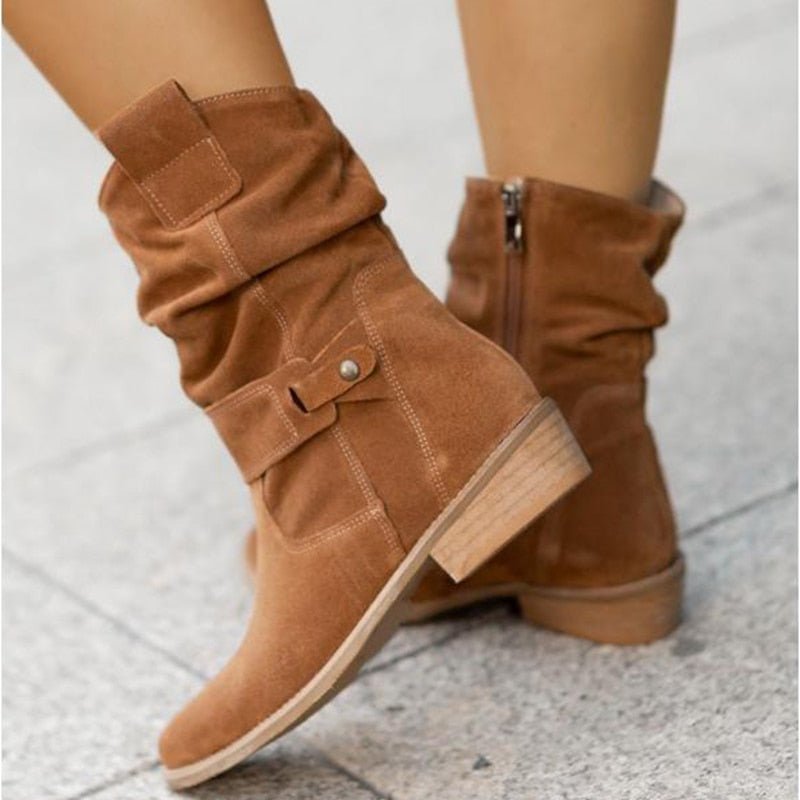 Women's PREMIUM Ankle Boots - Slouched Design - Low Heel - Buckle Strap Detail