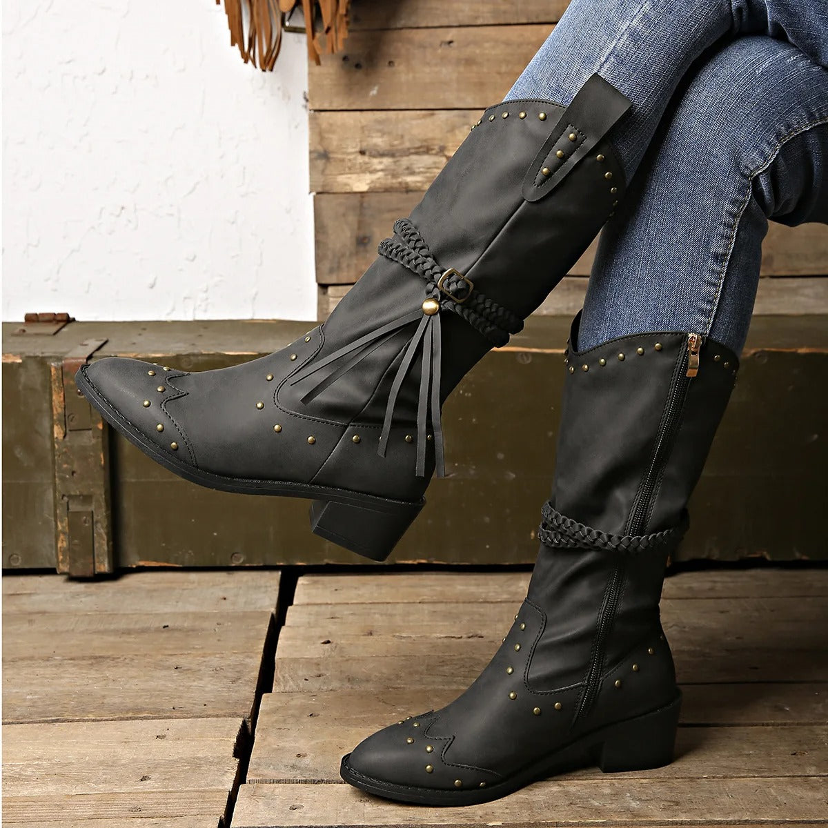 Women’s Western Boots - Faux Leather - Studded - Braided Strap - Pointed Toe