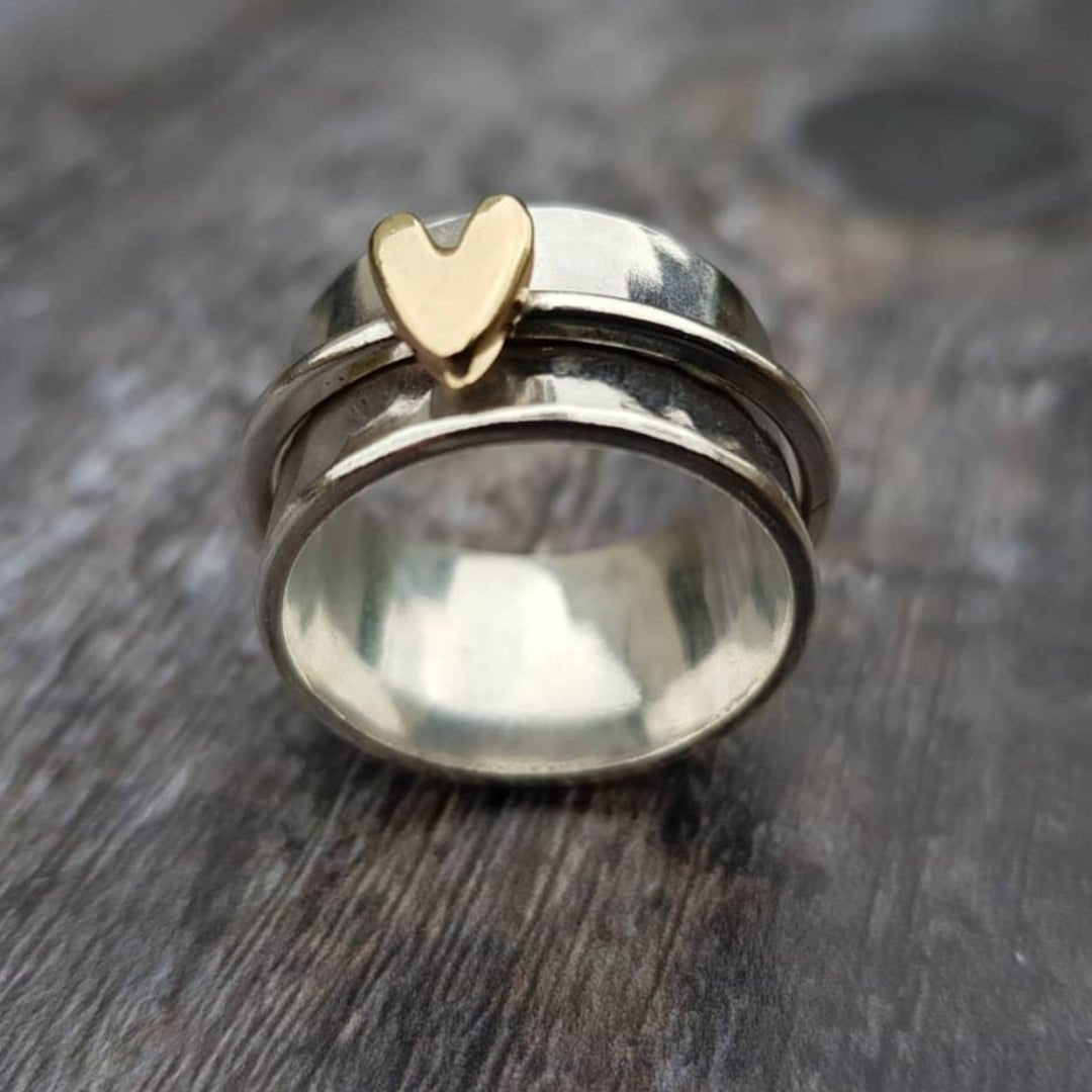 GOLDEN HEART SILVER RING