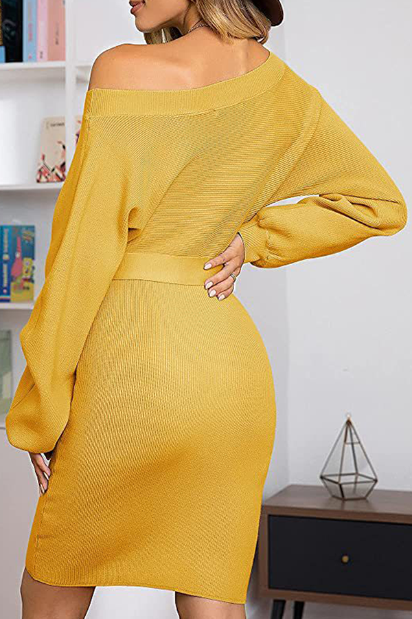 Women's Ribbed Knit Sweater Dress with Belt