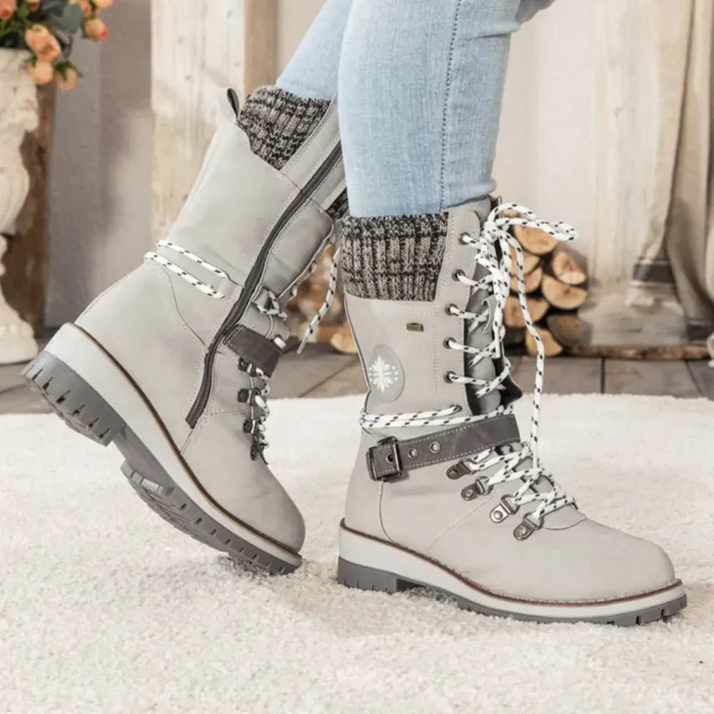 Women's Winter Lace-Up Snow Boots – Knit Cuff & Buckle – Anti-Slip Sole