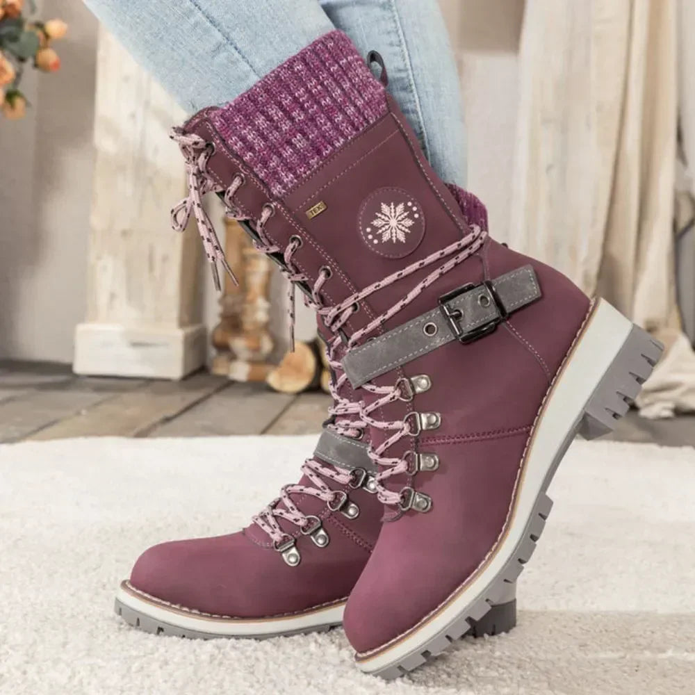 Women's Winter Lace-Up Snow Boots – Knit Cuff & Buckle – Anti-Slip Sole