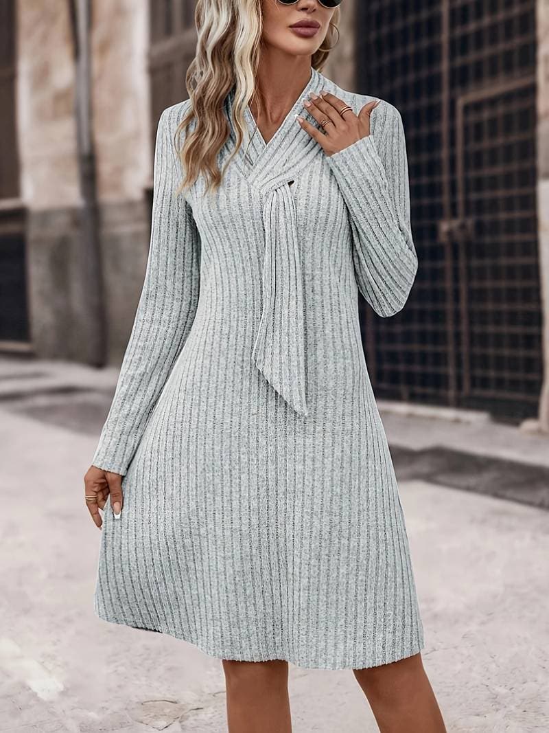 Elegant Women's Ribbed Knit Dress with Scarf