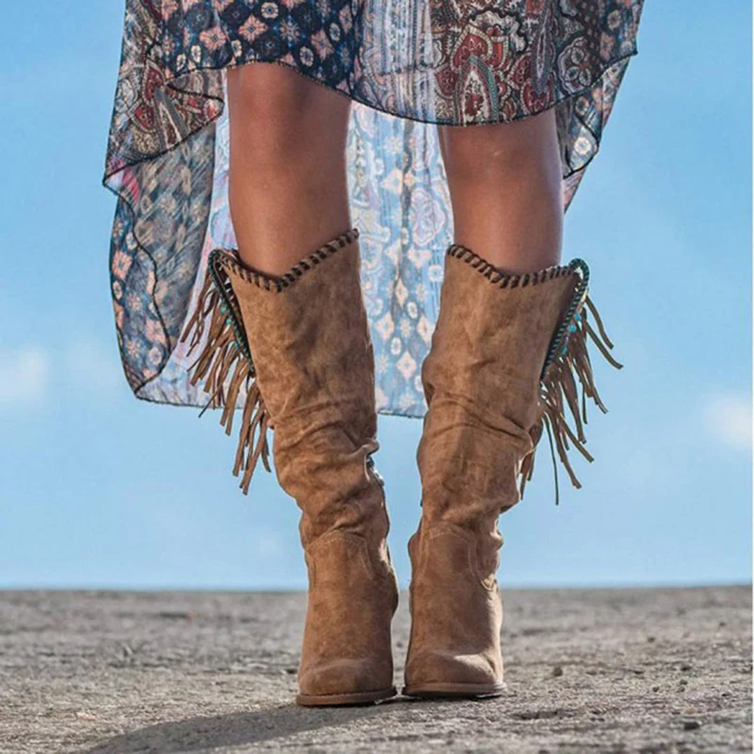Women's Knee-High Boots - Western Style - Fringe & Stud Details - Block Heel