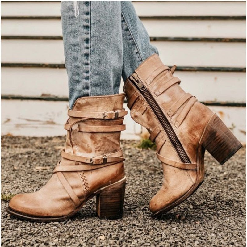 Women's Leather Ankle Boots - Slouchy Distressed Design - Buckle Straps - Block Heel
