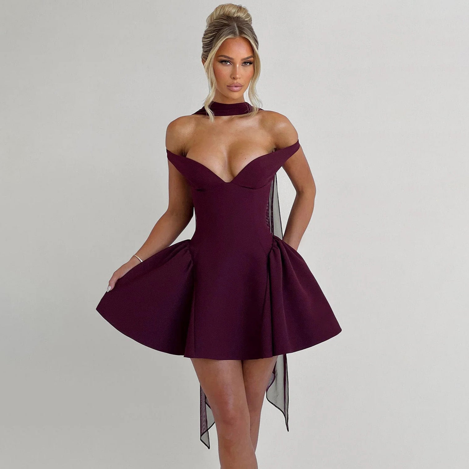 Satin Slim Fit Off Shoulder Cocktail Dress