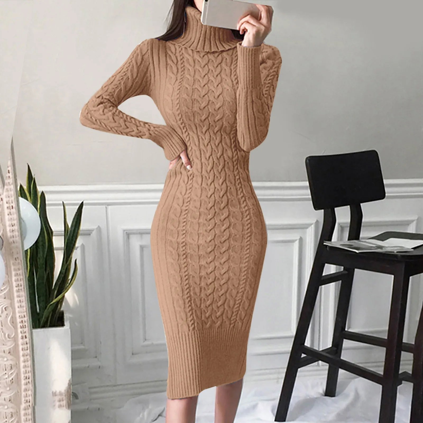 Women's Winter Turtleneck Cable Knit Dress