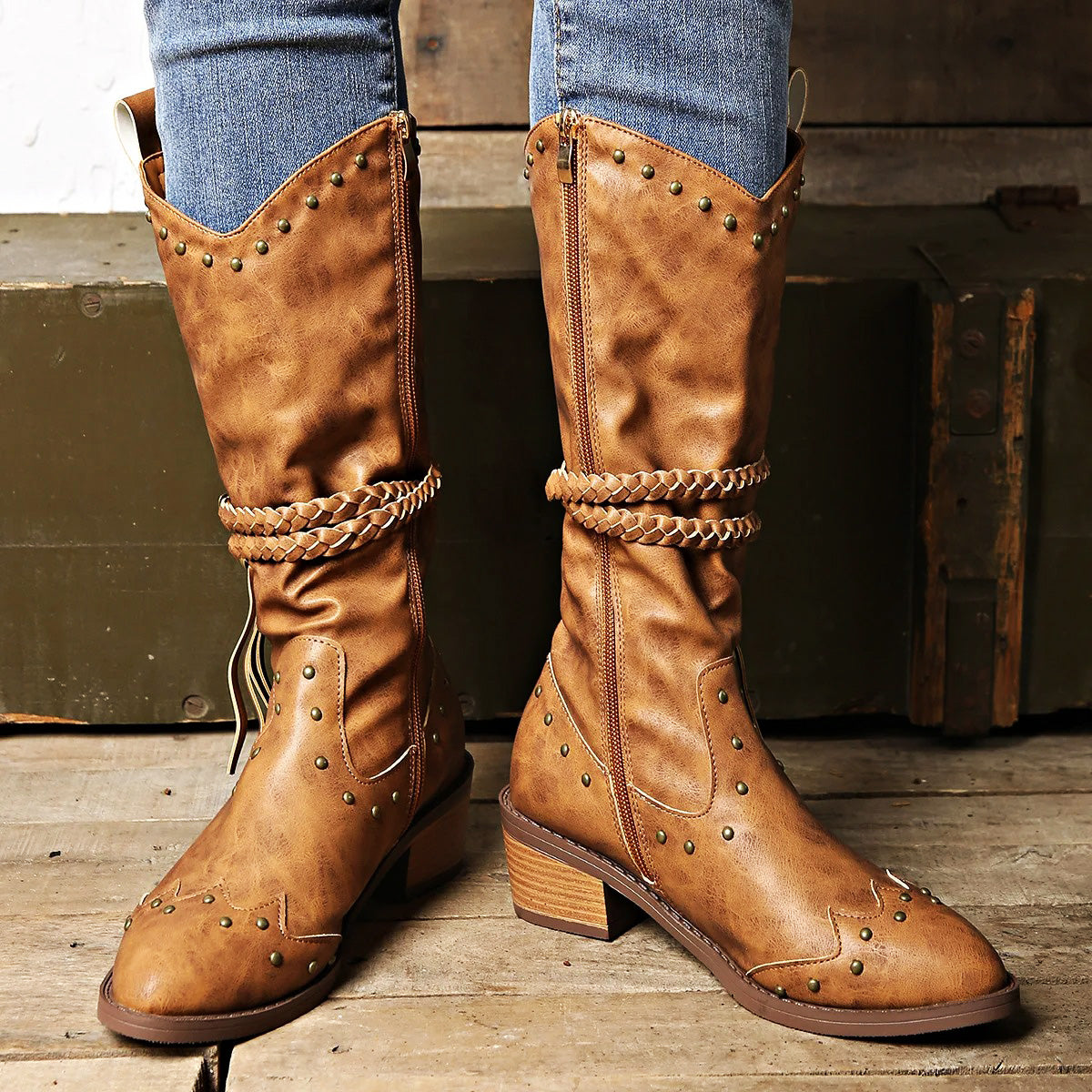 Women’s Western Boots - Faux Leather - Studded - Braided Strap - Pointed Toe