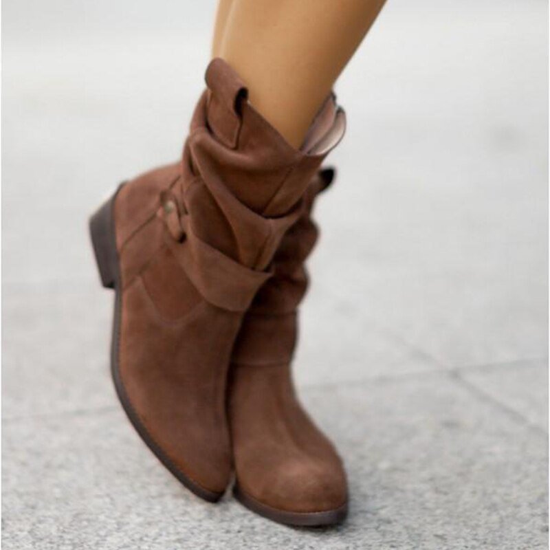 Women's PREMIUM Ankle Boots - Slouched Design - Low Heel - Buckle Strap Detail