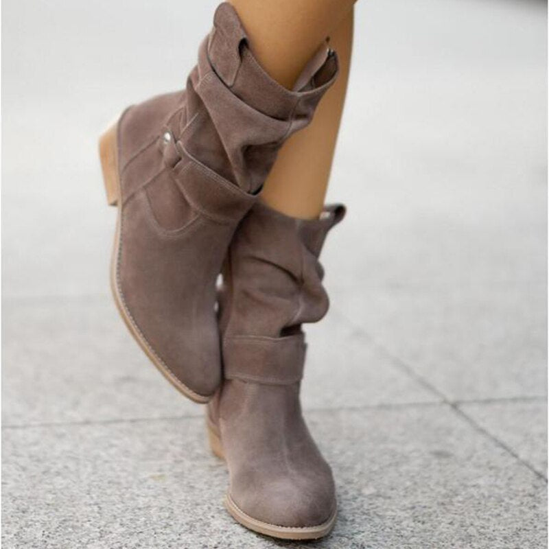 Women's PREMIUM Ankle Boots - Slouched Design - Low Heel - Buckle Strap Detail
