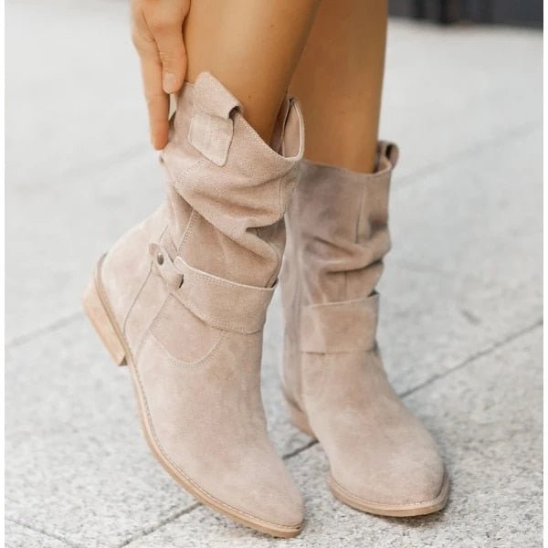 Women's PREMIUM Ankle Boots - Slouched Design - Low Heel - Buckle Strap Detail