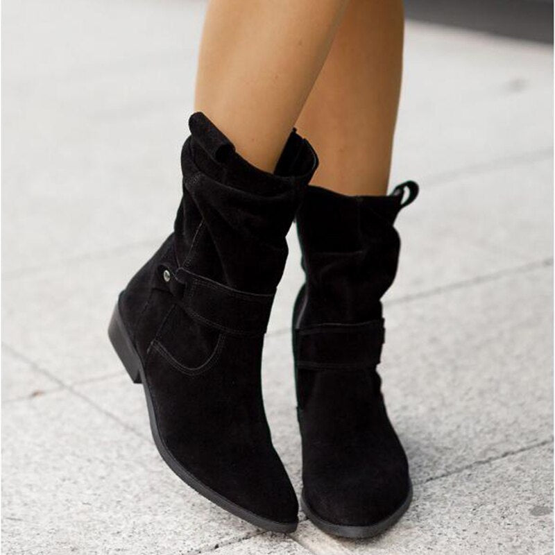 Women's PREMIUM Ankle Boots - Slouched Design - Low Heel - Buckle Strap Detail