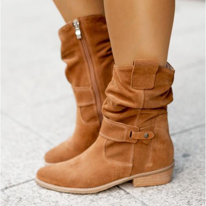 Women's PREMIUM Ankle Boots - Slouched Design - Low Heel - Buckle Strap Detail