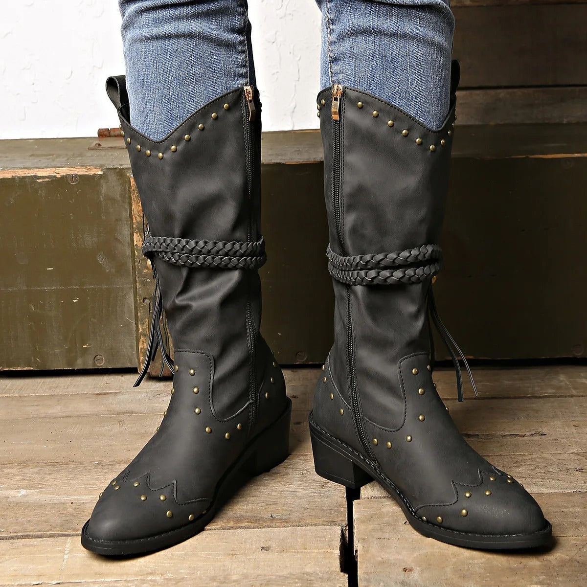 Women’s Western Boots - Faux Leather - Studded - Braided Strap - Pointed Toe